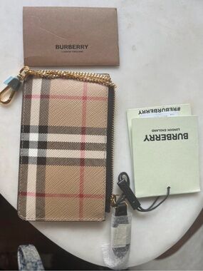 Burberry Beige Nova Check Zip Card & Key Holder with Gold Chain Accent